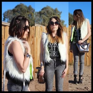 New Vera Wang Princess faux fur cropped contrast dye rocker grunge boxy vest